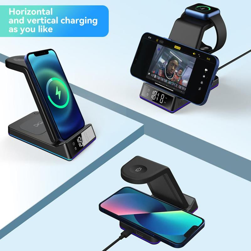 5 in 1 Wireless Charger, Foldable Magnetic Wireless Charger with Electronic Clock Function, Multifunctional Charging Station