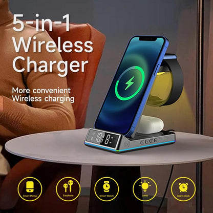 5 in 1 Wireless Charger, Foldable Magnetic Wireless Charger with Electronic Clock Function, Multifunctional Charging Station