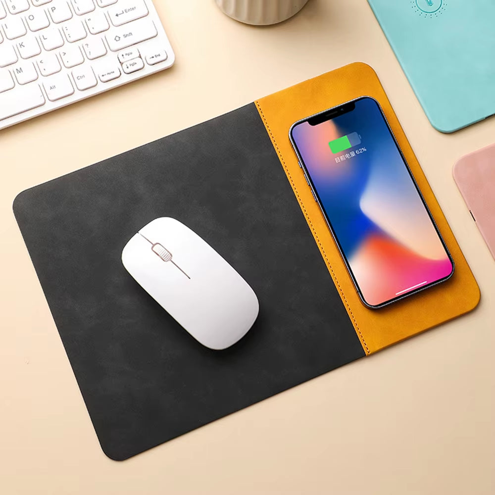 Mouse Pad with 15W Phone Wireless Fast Chargers 2 in 1 PU Leather Charging Mouse Mat for PC Computer Laptops Office Accessories