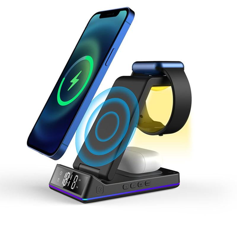 5 in 1 Wireless Charger, Foldable Magnetic Wireless Charger with Electronic Clock Function, Multifunctional Charging Station